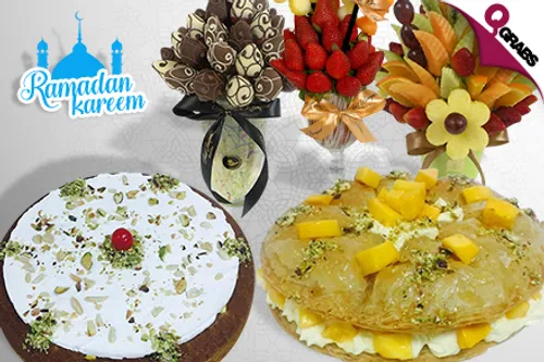 From QR60 Enjoy a Range of Delicious Cakes, Desserts OR Bouquets of Fresh Fruits - Perfect for Ramadan! (Up to QR450 Value)
